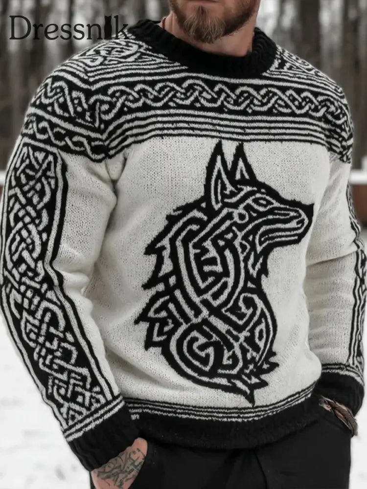 Herren Pullover im Viking-Stil Schwarz und Weiß / S