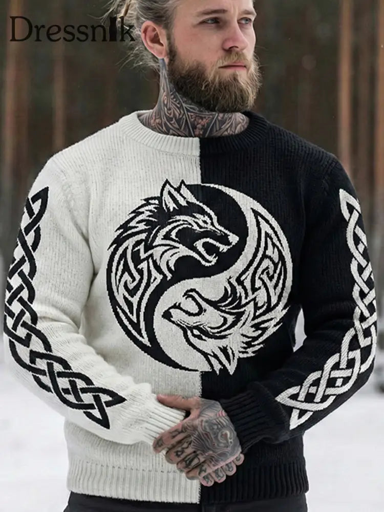 Herren Pullover im Viking-Stil Schwarz und Weiß / S