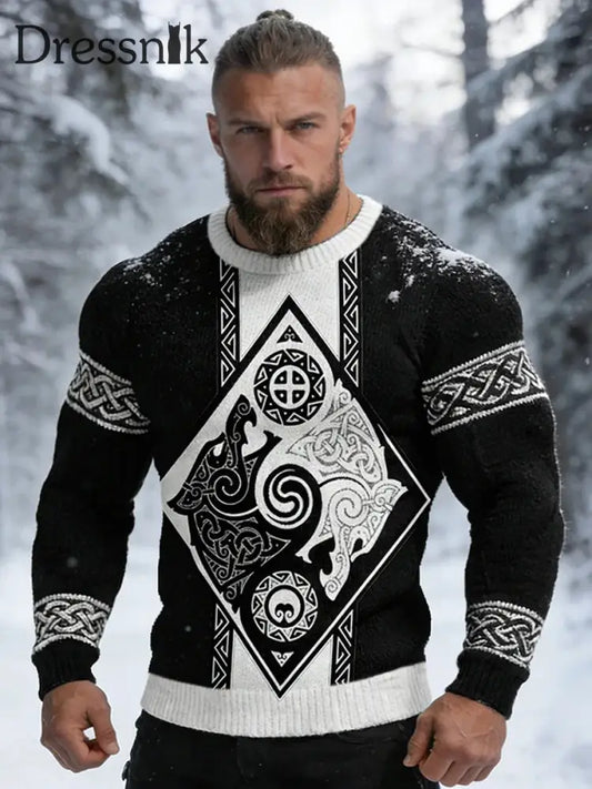Herren Pullover im Viking-Stil Schwarz und Weiß / S