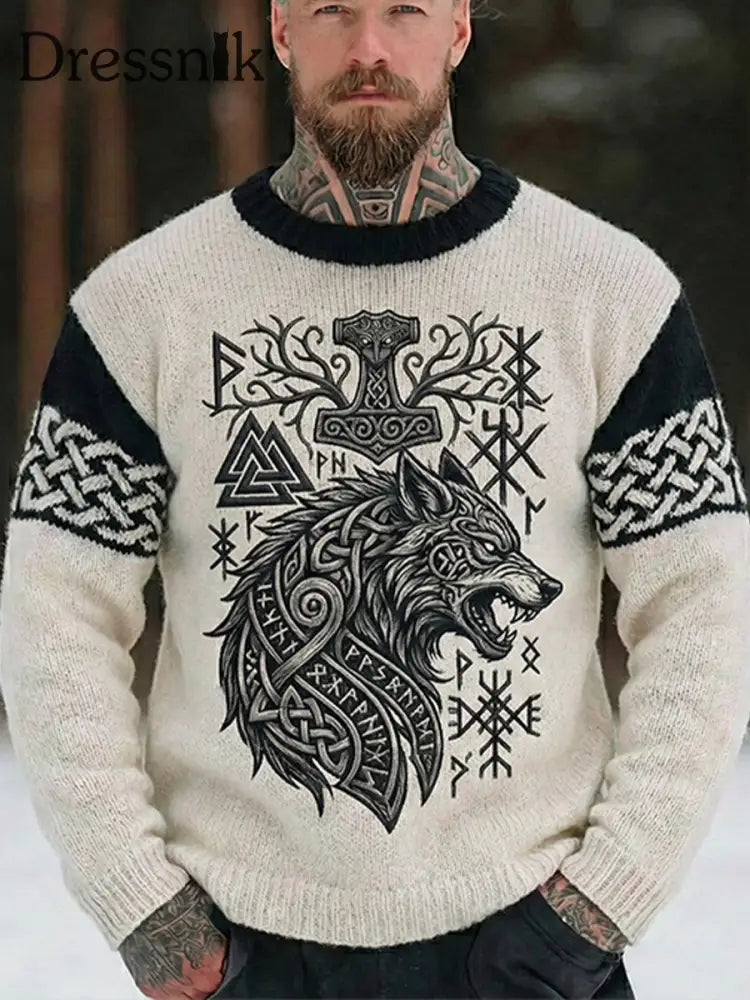 Herren Pullover im Viking-Stil Schwarz und Weiß / S