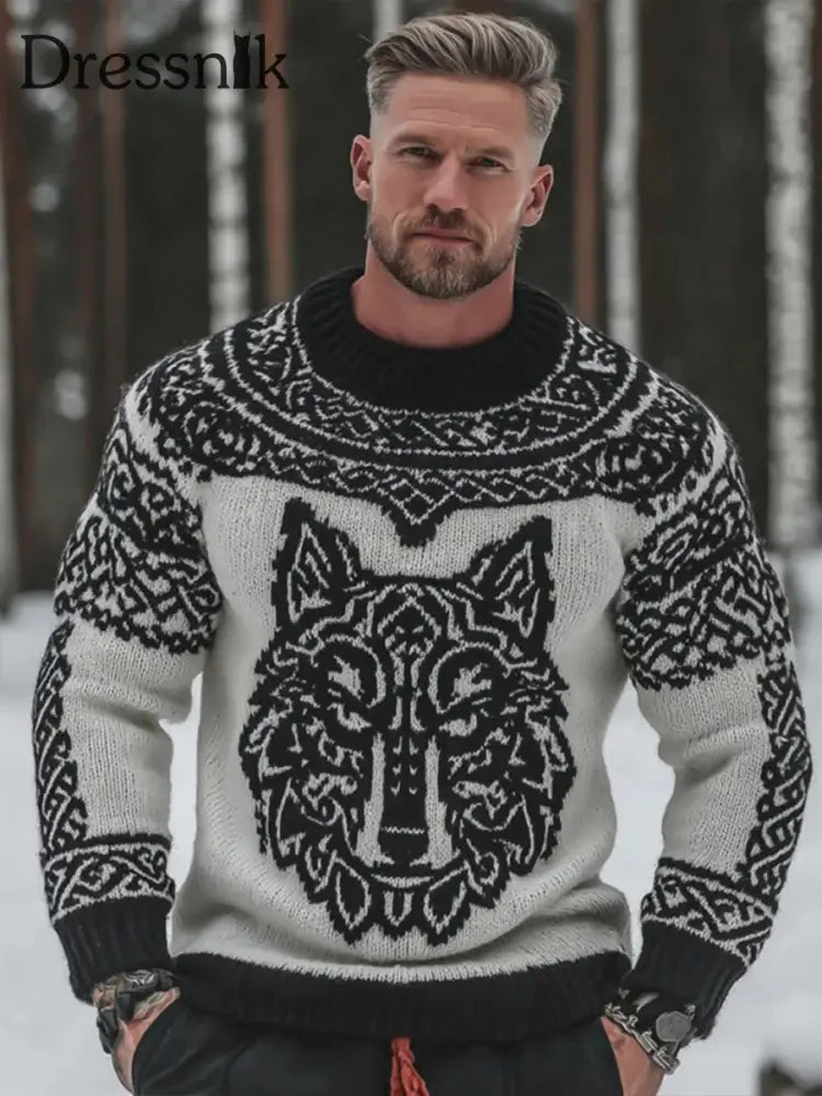 Herren Pullover im Viking-Stil Schwarz und Weiß / S