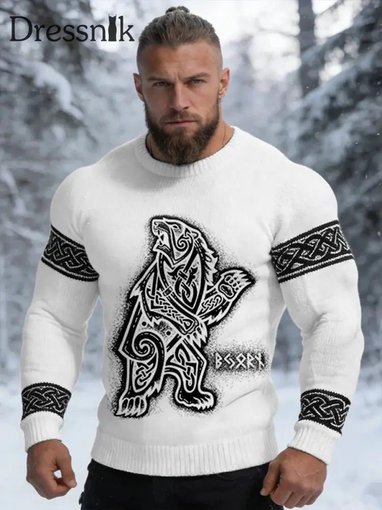 Herren Pullover im Viking-Stil Schwarz und Weiß / S