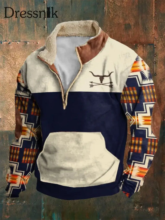 Herren-Pullover Mit Halboffenem Kragen Und Retro-Ethno-Print Aus Plüsch Picture 1 / S