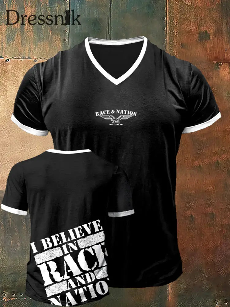 Herren Race & Nation gedruckt Vintage Mode Kurzarm V-Ausschnitt T-Shirt Schwarz / S