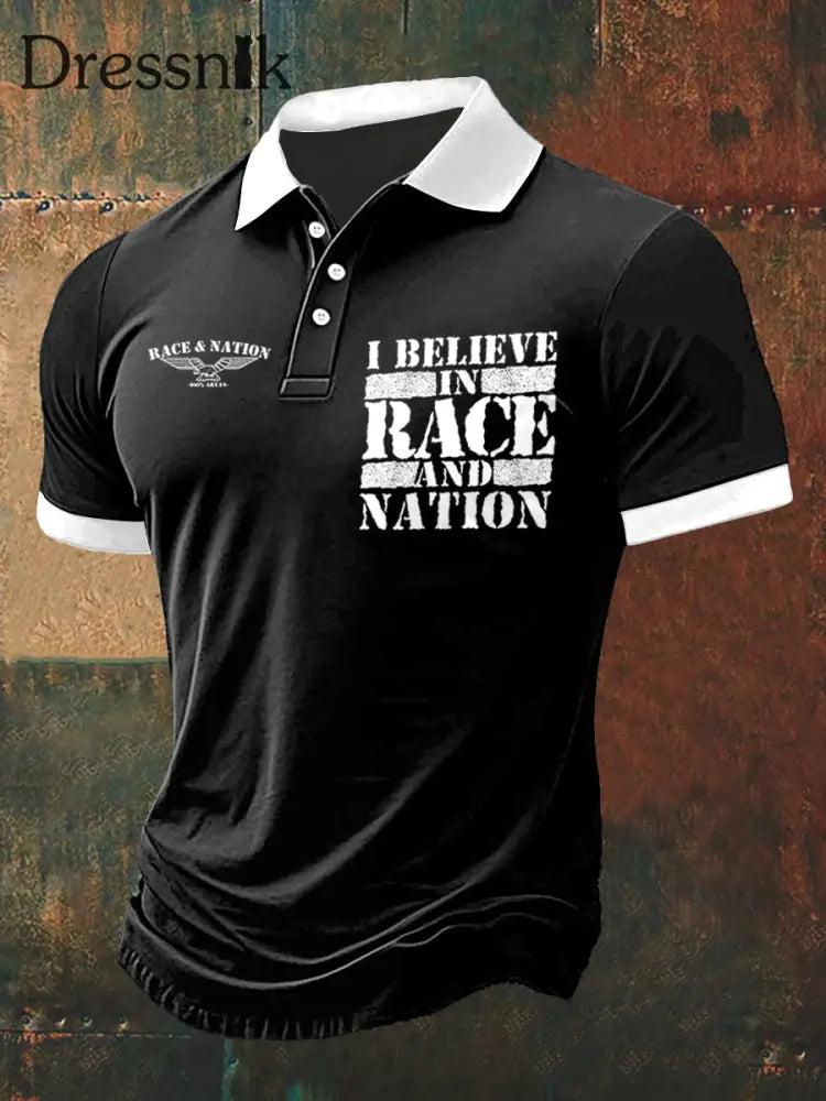 Herren Race & Nation Print Polo Hals Kurzarm T-Shirt Schwarz / S