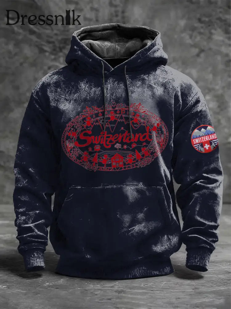 Herren Reich verzierte rote Schweiz Landschaft Print Navy Hoodie mehrfarbig / S