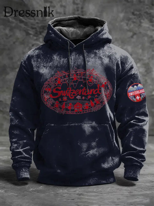 Herren Reich verzierte rote Schweiz Landschaft Print Navy Hoodie mehrfarbig / S