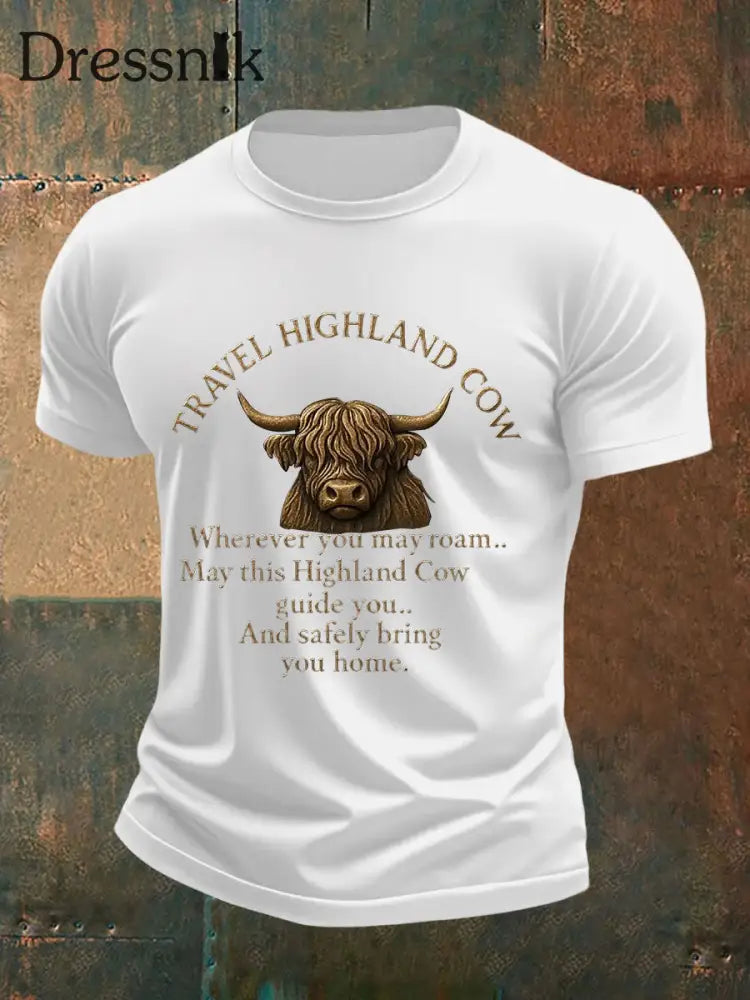 Herren Reise Highland Kuh Print Casual T-Shirt Weiß / S