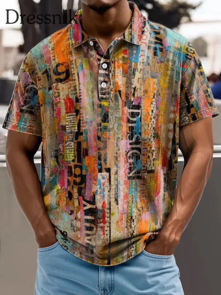Herren Retro Abstrakt Kunstdruck Stand Kragen Casual Polo Shirt A / S
