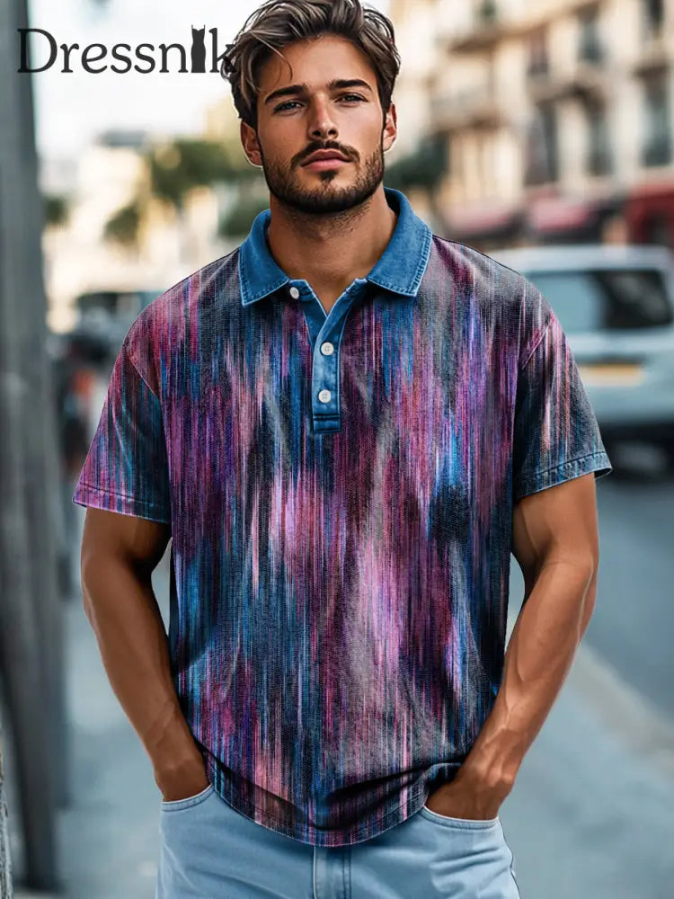 Herren Retro Abstrakt Multi color Line Print Lässiges Kurzarm-Polos hirt