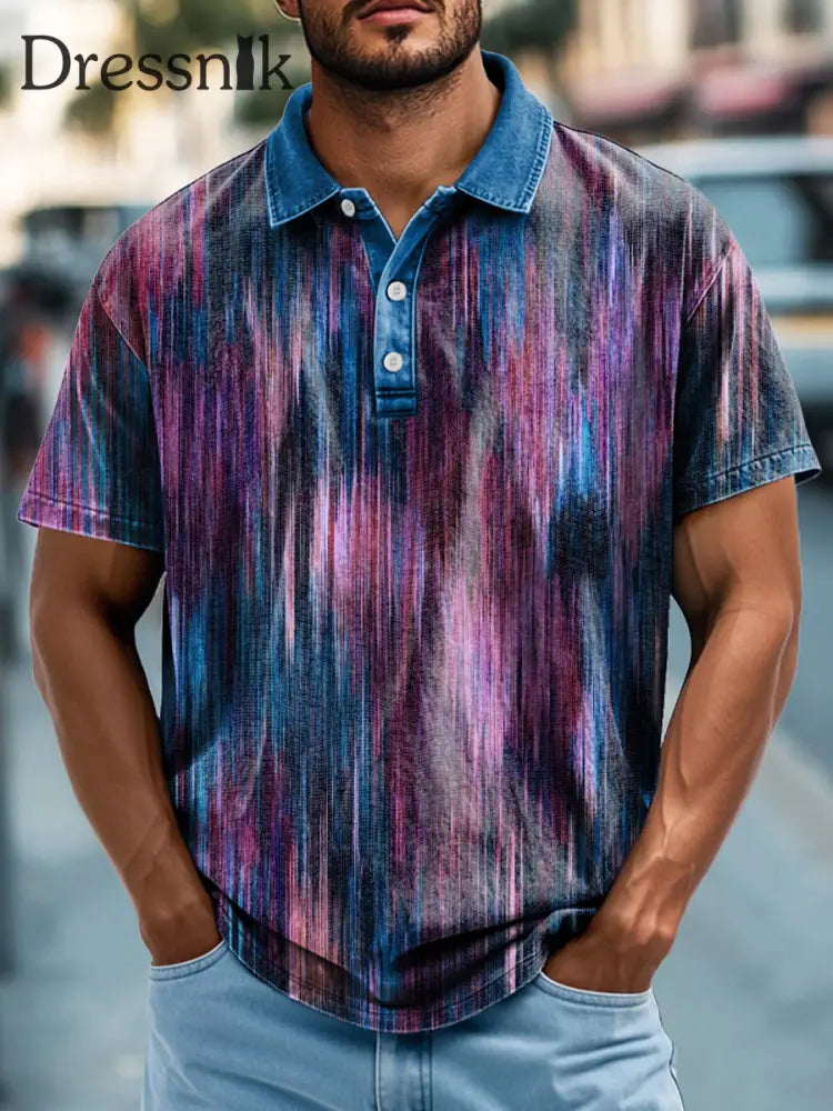 Herren Retro Abstrakt Multi color Line Print Lässiges Kurzarm-Polos hirt bunt / S