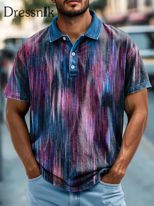 Herren Retro Abstrakt Multi color Line Print Lässiges Kurzarm-Polos hirt bunt / S