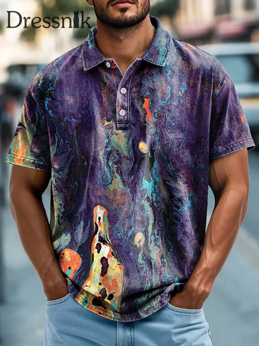 Herren Retro Abstrakte Farbe Strukturierter Druck Lässiges Kurzarm-Polo-Shirt bunt / S