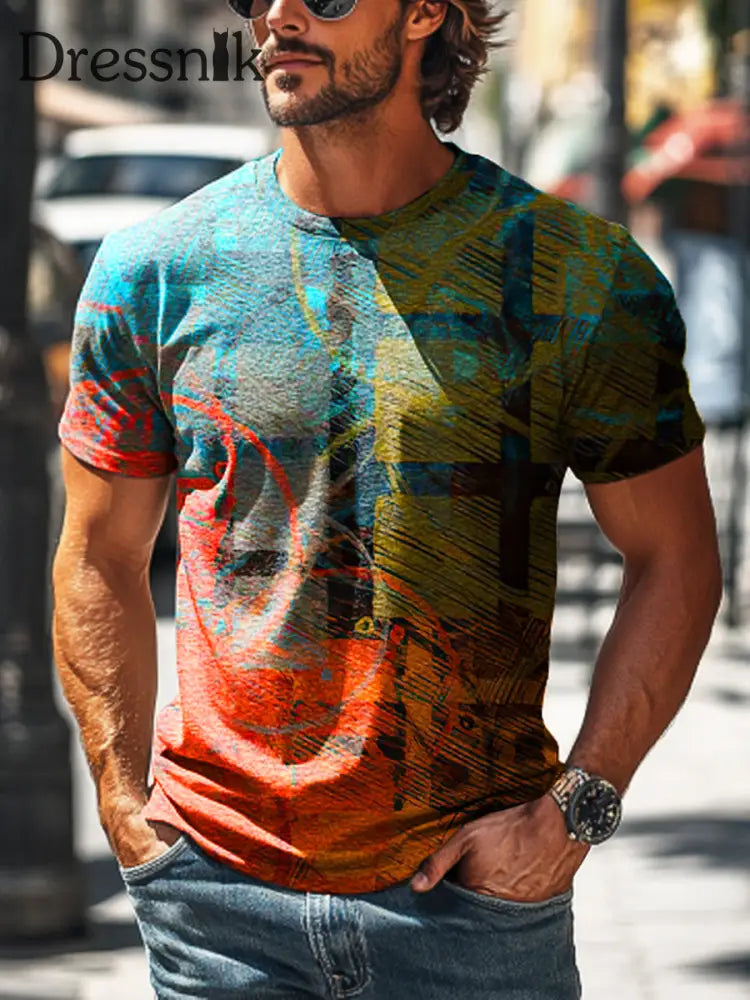 Herren Retro Abstrakte Linie Kariertes Print Lässiges Kurzarm T-Shirt bunt / S