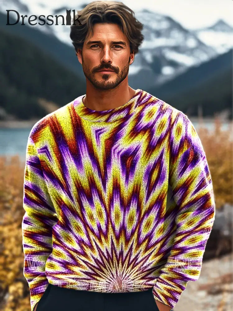 Herren Retro Abstrakter Radial-Kunstdruck Strick Pullover Mit Rundhals Ausschnitt Bunt / S