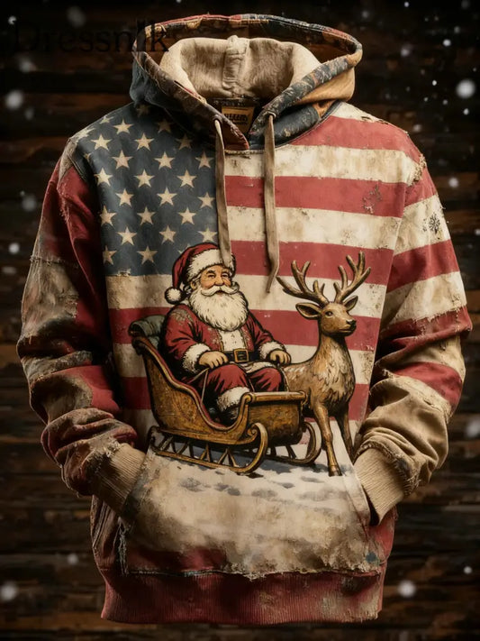 Herren Retro amerikanische Flagge Weihnachten Weihnachts mann Bedruckter Hoodie als bild / S