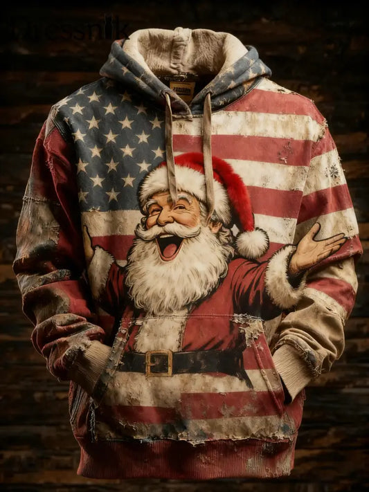 Herren Retro amerikanische Flagge Weihnachten Weihnachts mann Bedruckter Hoodie als bild / S