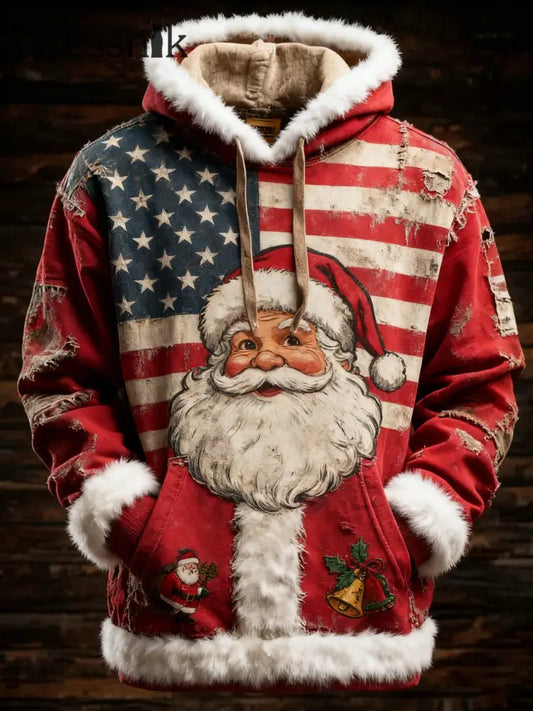 Herren Retro amerikanische Flagge Weihnachten Weihnachts mann Bedruckter Hoodie als bild / S