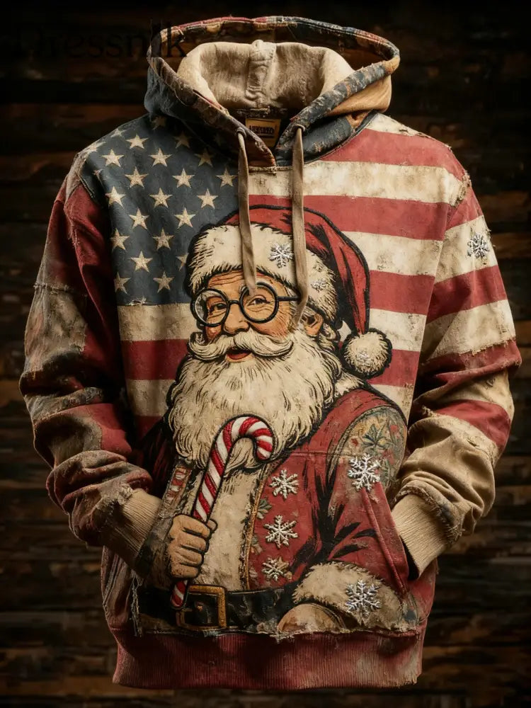 Herren Retro amerikanische Flagge Weihnachten Weihnachts mann Bedruckter Hoodie als bild / S