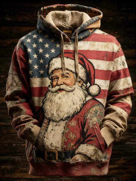 Herren Retro amerikanische Flagge Weihnachten Weihnachts mann Bedruckter Hoodie als bild / S