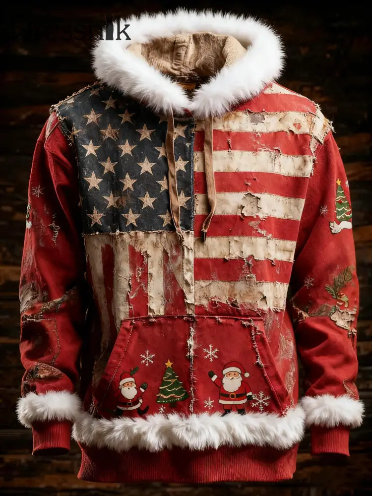 Herren Retro amerikanische Flagge Weihnachten Weihnachts mann Bedruckter Hoodie als bild / S