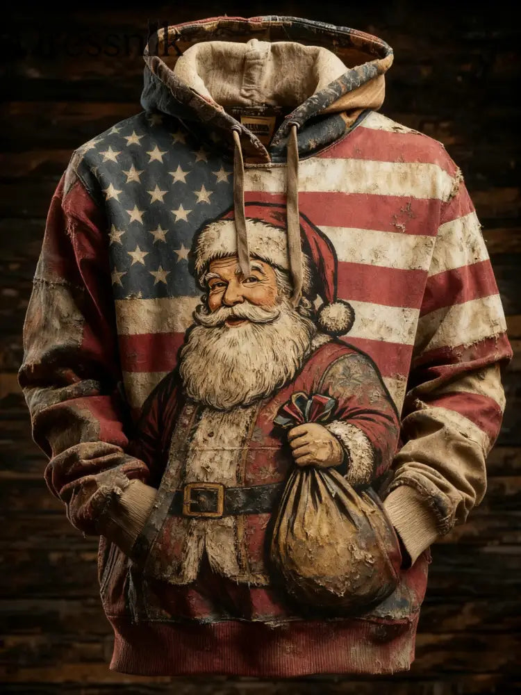 Herren Retro amerikanische Flagge Weihnachten Weihnachts mann Bedruckter Hoodie als bild / S