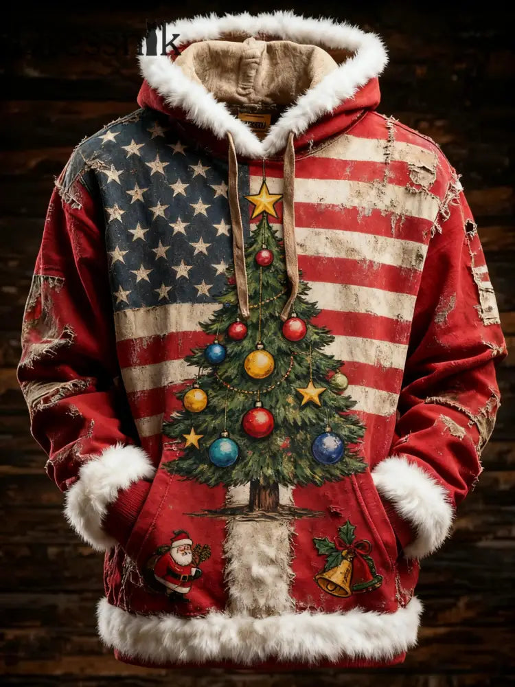 Herren Retro amerikanische Flagge Weihnachts baum Bedruckt Hoodie als bild / S