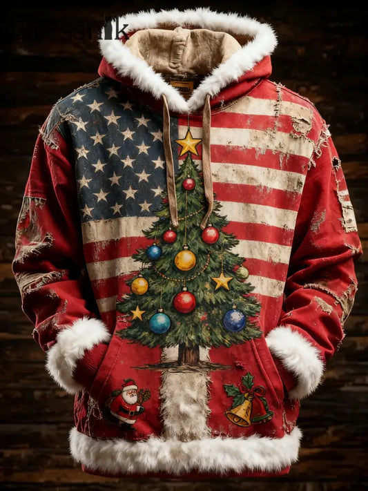 Herren Retro amerikanische Flagge Weihnachts baum Bedruckt Hoodie als bild / S