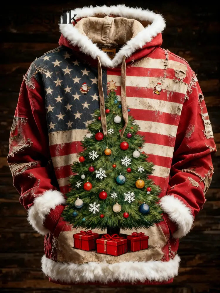 Herren Retro amerikanische Flagge Weihnachts baum Bedruckt Hoodie als bild / S