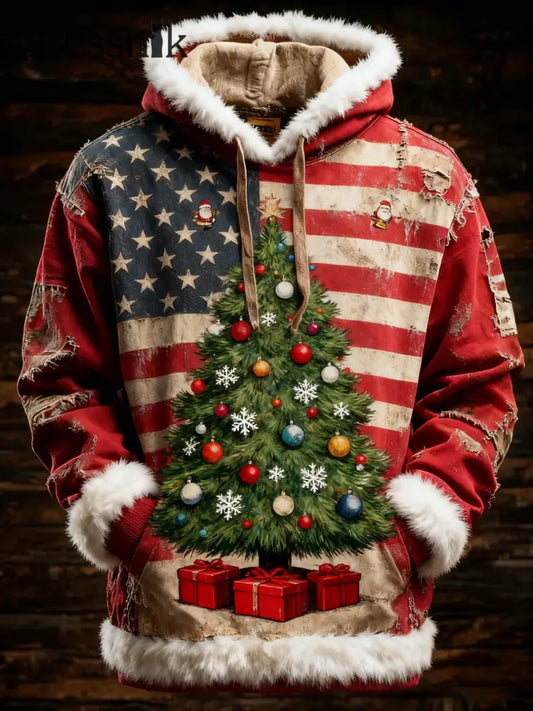 Herren Retro amerikanische Flagge Weihnachts baum Bedruckt Hoodie als bild / S