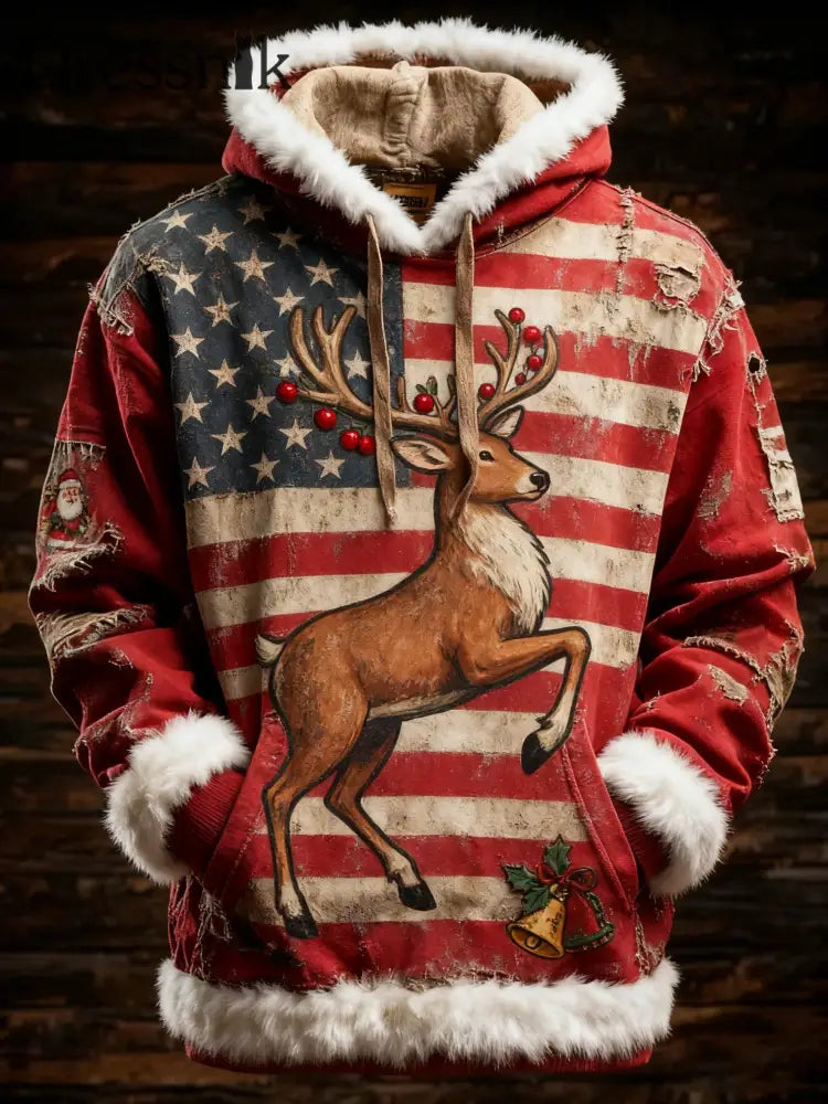 Herren Retro amerikanische Flagge Weihnachts elch bedruckt Hoodie als bild / S