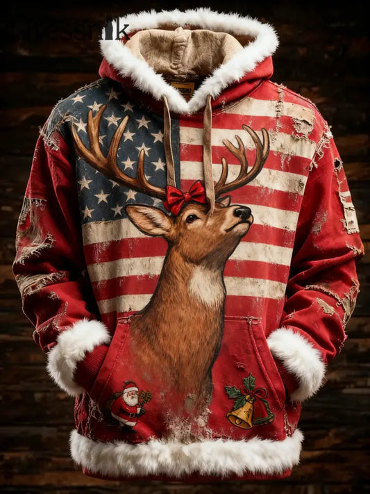 Herren Retro amerikanische Flagge Weihnachts elch bedruckt Hoodie als bild / S