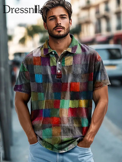 Herren Retro bunt kariert bedrucktes kurzärmliges Polos hirt