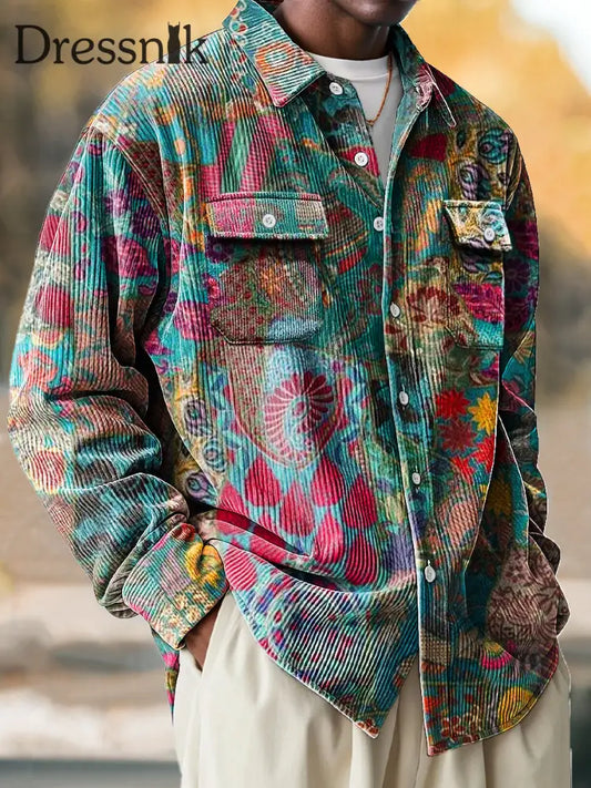 Herren Retro Bunte Ethnische Patchwork Kunst Druck Cord Revers Langarm Taschen Hemd Bunt / S
