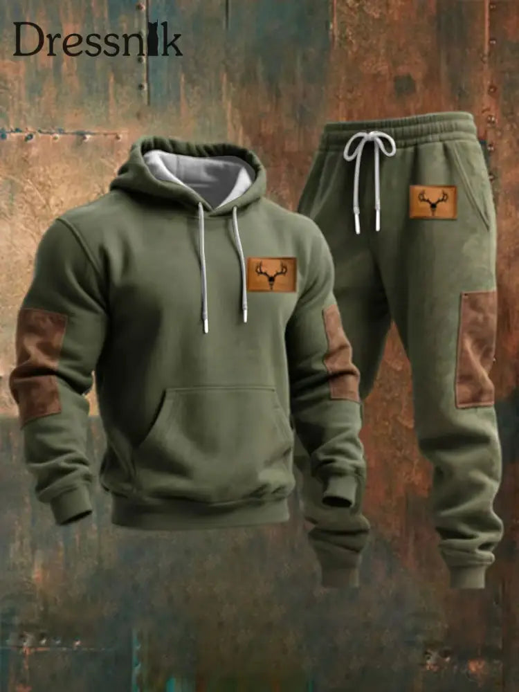 Herren Retro Casual Color Block Hoodie Set Armee grün / S