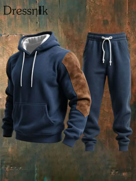 Herren Retro Casual Color Block Hoodie Set blau / S