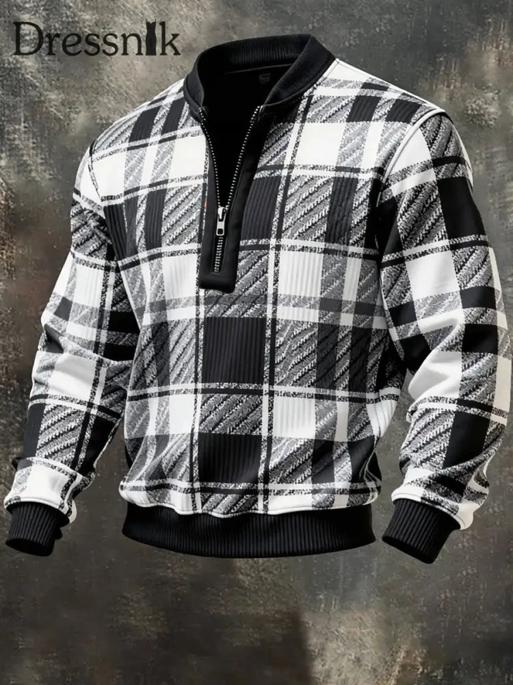 Herren Retro Color block Plaid Print Lässiger Pullover mit halbem Reiß verschluss Dunkelgrau / S