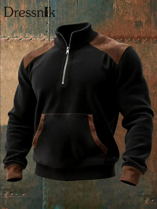 Herren Retro Color block Print Casual Pocket Reiß verschluss Sweatshirt Schwarz / S