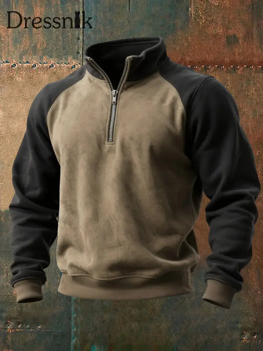 Herren Retro Color block Reiß verschluss Hoodie Khaki / S