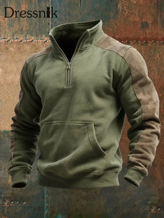 Herren Retro Color block Reiß verschluss Sweatshirt Armee grün / S