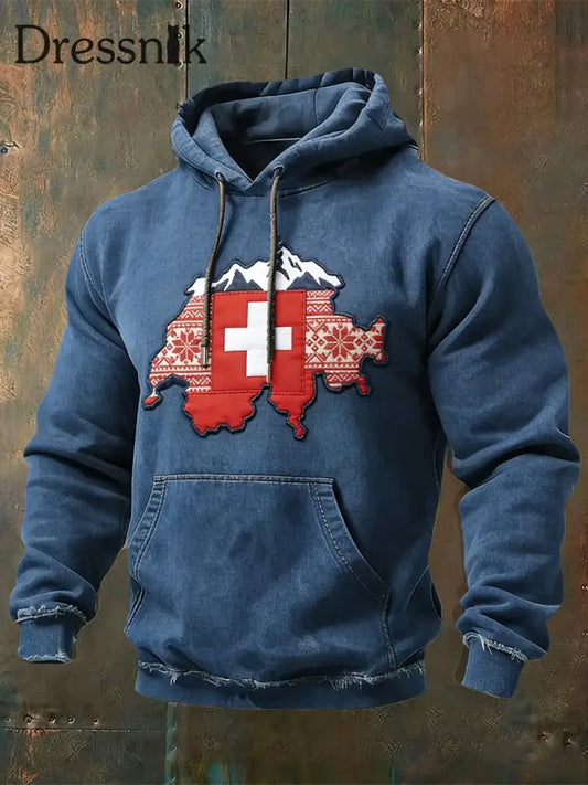 Herren Retro Denim Swiss Map & Cross Print Kapuzen pullover mehrfarbig / S