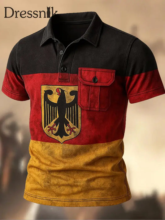 Herren Retro Deutschland Flagge bedruckt Vintage Textur V-Ausschnitt kurze Ärmel Polo-Shirt A / S