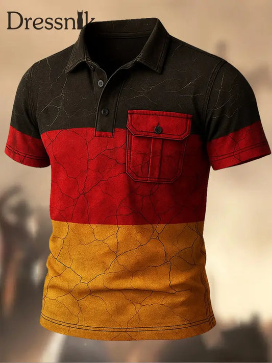 Herren Retro Deutschland Flagge bedruckt Vintage Textur V-Ausschnitt kurze Ärmel Polo-Shirt A / S