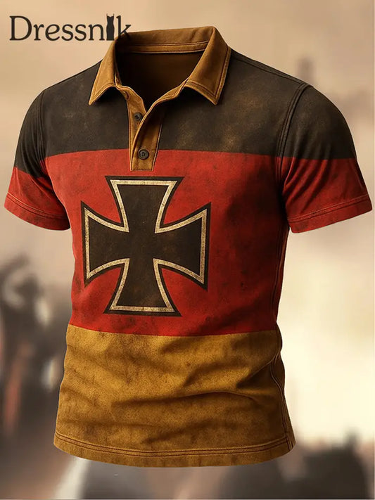 Herren Retro Deutschland Flagge bedruckt Vintage Textur V-Ausschnitt kurze Ärmel Polo-Shirt A / S