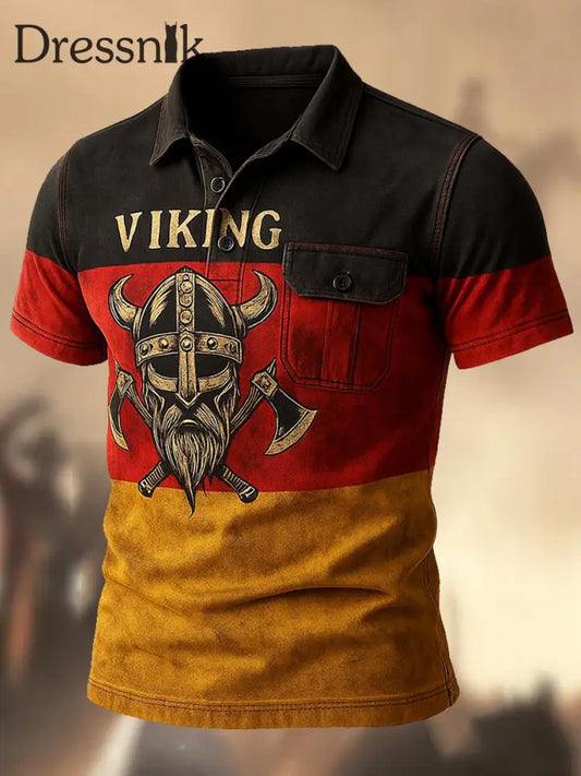 Herren Retro Deutschland Flagge Viking bedruckt Vintage Textur V-Ausschnitt kurze Ärmel Polo-Shirt A / S