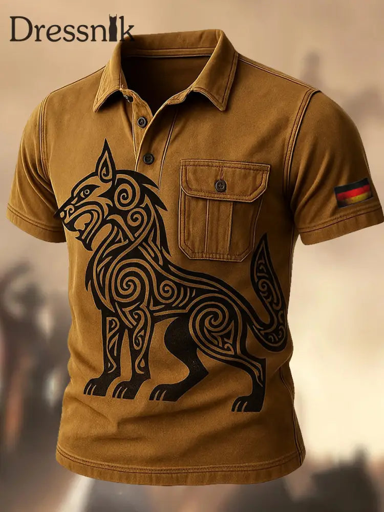 Herren Retro Deutschland Flagge Viking bedruckt Vintage Textur V-Ausschnitt kurze Ärmel Polo-Shirt A / S