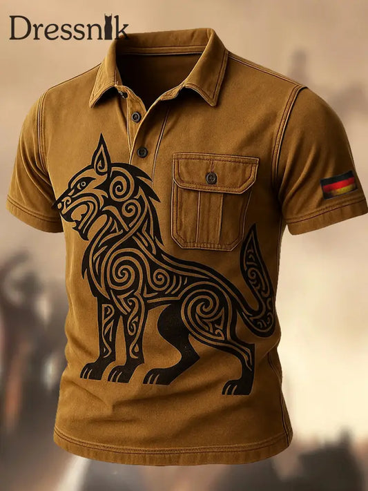Herren Retro Deutschland Flagge Viking bedruckt Vintage Textur V-Ausschnitt kurze Ärmel Polo-Shirt A / S