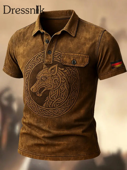 Herren Retro Deutschland Flagge Viking bedruckt Vintage Textur V-Ausschnitt kurze Ärmel Polo-Shirt A / S