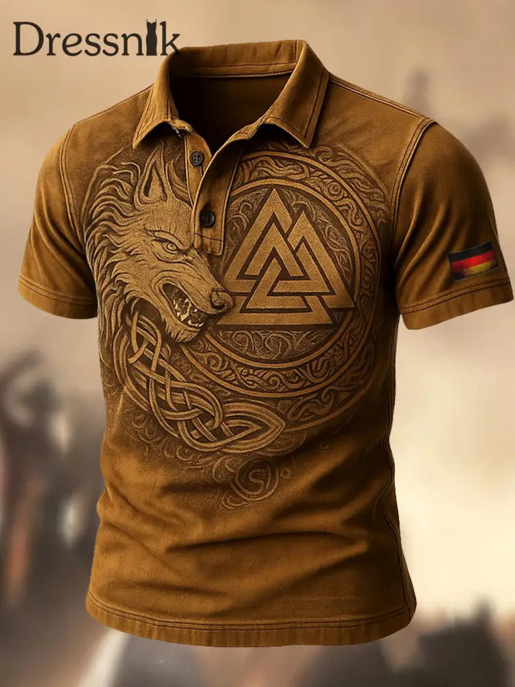 Herren Retro Deutschland Flagge Viking bedruckt Vintage Textur V-Ausschnitt kurze Ärmel Polo-Shirt A / S