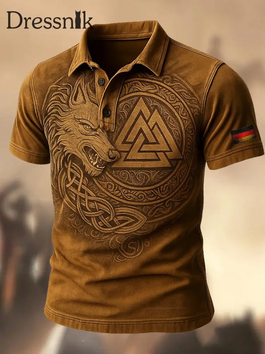 Herren Retro Deutschland Flagge Viking bedruckt Vintage Textur V-Ausschnitt kurze Ärmel Polo-Shirt A / S